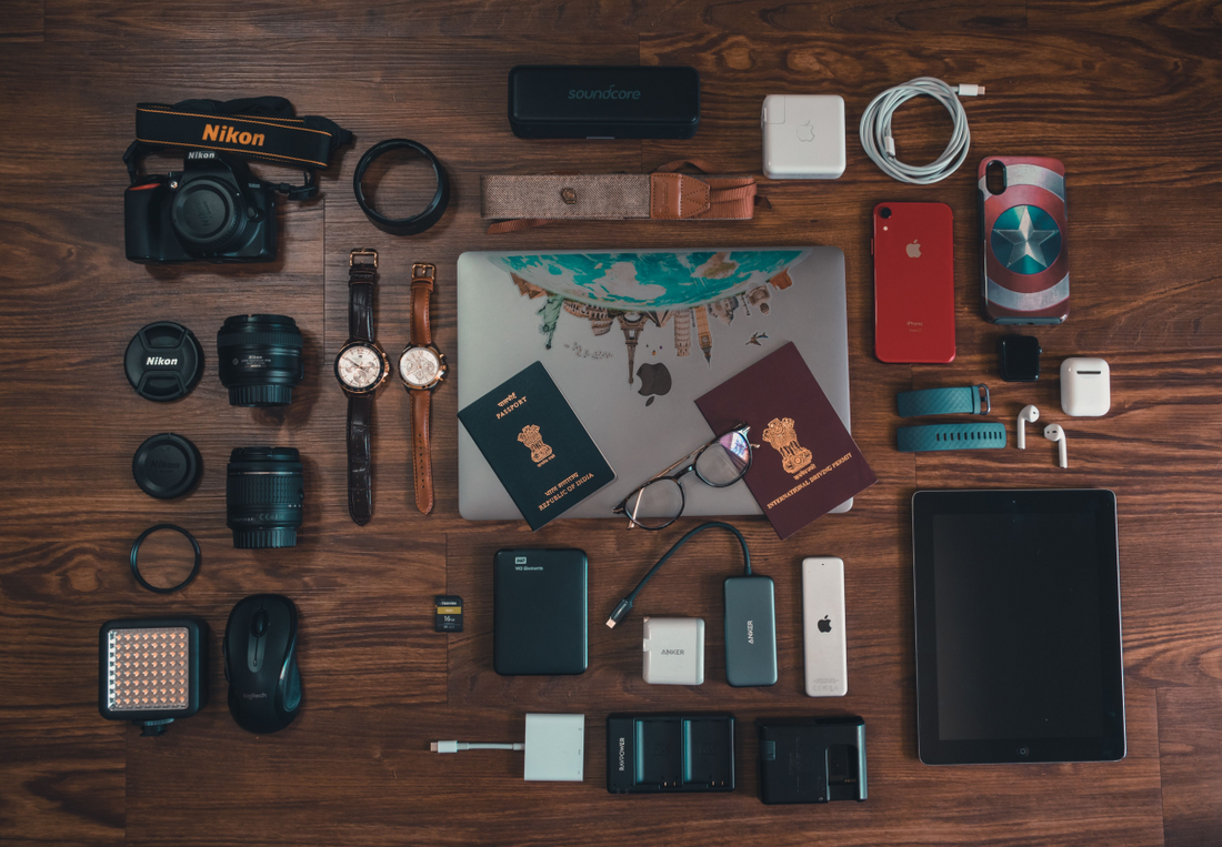 A layout of everyday carry and travel items